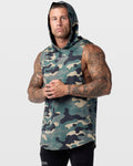 Men’s camo workout tank with sleeveless design and split hem, left side view highlighting breathable construction.