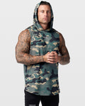 Men’s camo workout tank with sleeveless design and split hem, right side view highlighting breathable construction.