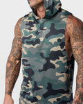 Close-up of reflective Lyftlyfe logo on center chest of green camo Limitless Sleeveless Hoodie, designed for visibility.
