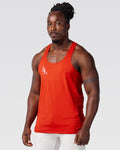 Left Side angle of men's gym stringer in red showing mesh panel.
