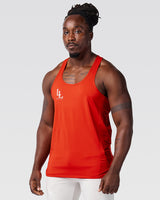 Left Side angle of men's gym stringer in red showing mesh panel.