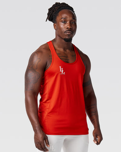 Red stringer with a logo on a gray background