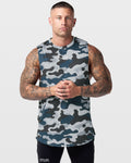 Men's sleeveless tank top in dark blue camo with a lyftlyfe logo in the center chest. 