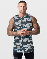 Men's sleeveless tank top in dark blue camo with a lyftlyfe logo in the center chest. 