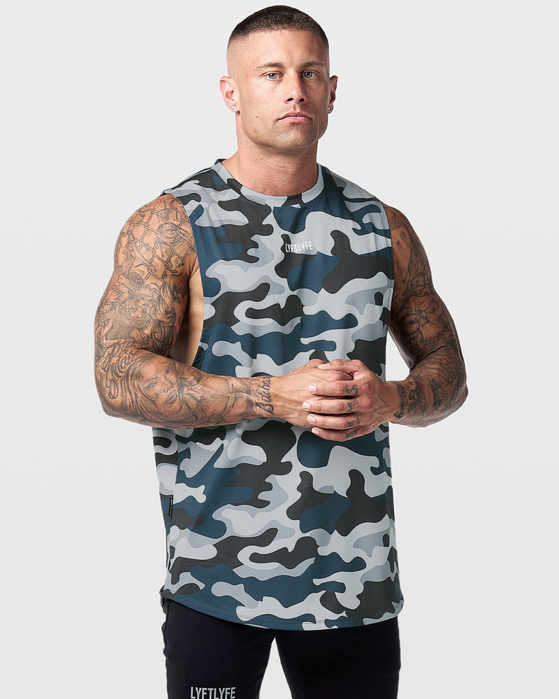 Men's sleeveless tank top in dark blue camo with a lyftlyfe logo in the center chest. 