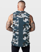 Limitless Men’s Cut Sleeve in blue camo, back view showcasing breathable mesh panel and loose fit.