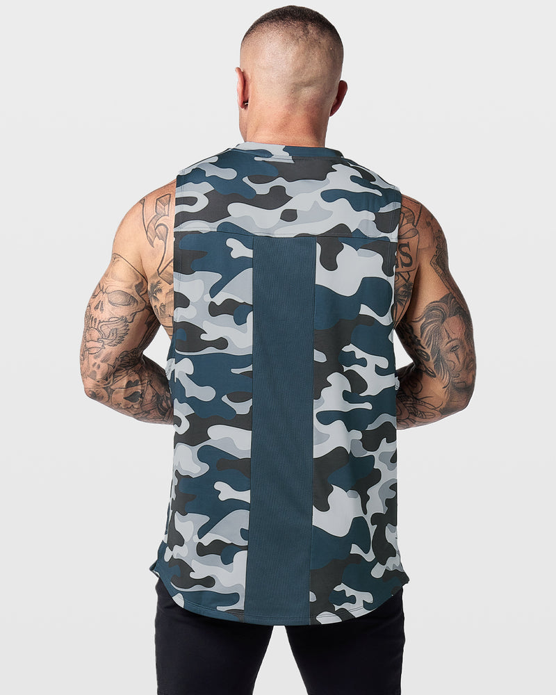 Men's sleeveless tank top in dark blue camo with a lyftlyfe logo in the center chest. 