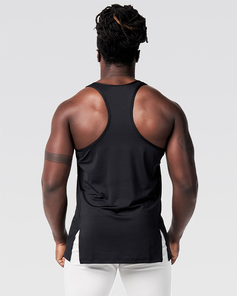 Mens gym stringer in black with a white logo