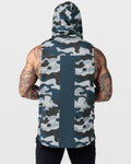 Rear angle of blue camo gym tank hoodie, showcasing mesh back panel and moisture-wicking performance fabric.