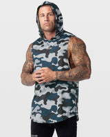 Left side view of Limitless sleeveless gym hoodie in blue camo, showing the relaxed cut and breathable construction. 