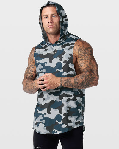 Mens hooded tank top in blue camo with lyftlyfe logo in the center chest.