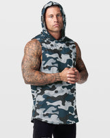Right side view of Limitless sleeveless gym hoodie in blue camo, showing the relaxed cut and breathable construction. 