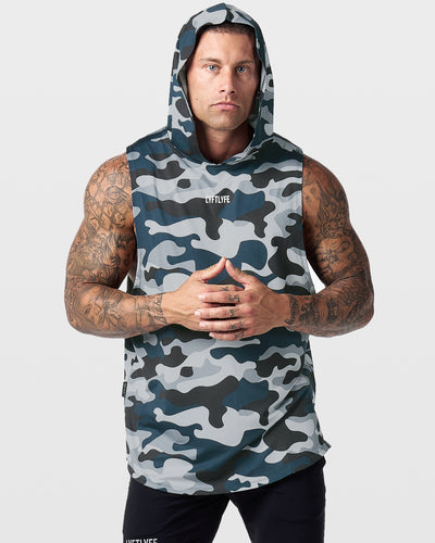 Camouflage-patterned sleeveless shirt with 'lyftlyfe' branding on a gray background