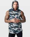 Mens hooded tank top in blue camo with a reflective lyftlyfe logo in the center chest.
