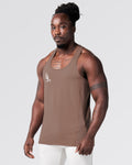 Side angle of men's gym stringer in brown showing mesh panel.