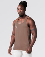 Side angle of men's gym stringer in brown showing mesh panel.