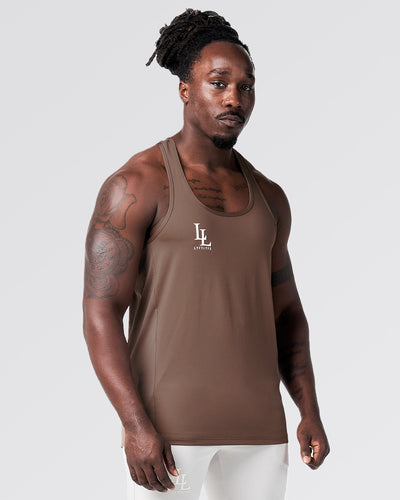 Dark brown stringer with a white logo on a light gray background