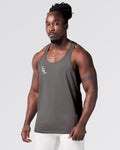 Left side angle of men's gym stringer in grey showing mesh panel.