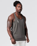 Right side angle of men's gym stringer in grey showing mesh panel.