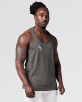 Right side angle of men's gym stringer in grey showing mesh panel.