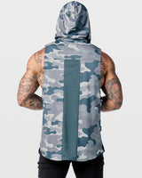 Back view of Limitless Men’s Sleeveless Hoodie in grey camo, featuring a mesh panel for added ventilation and airflow.