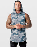 Mens hooded tank top in grey camo with reflective lyftlyfe logo in the center chest.