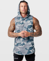 Mens hooded tank top in grey camo with reflective lyftlyfe logo in the center chest.