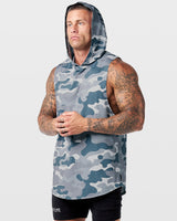 Left side view of Limitless sleeveless gym hoodie in grey camo, showing the relaxed cut and breathable construction. 