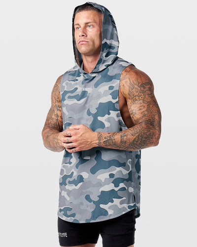 Mens hooded tank top in grey camo with lyftlyfe logo in the center chest.