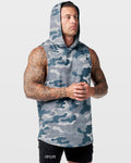 Right side view of Limitless sleeveless gym hoodie in grey camo, showing the relaxed cut and breathable construction. 