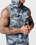 Detailed shot of reflective Lyftlyfe logo on front chest of Limitless gym tank in grey camo.