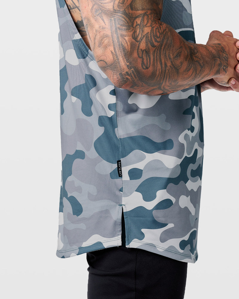 Mens hooded tank top in grey camo with lyftlyfe logo in the center chest.
