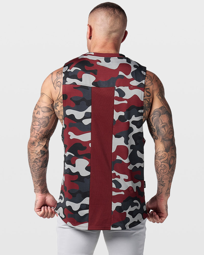 Red camo men's sleeveless tank top with a white lyftlyfe logo in the center chest.
