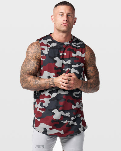 Camouflage sleeveless shirt with a white lyftlyfe logo on a gray background