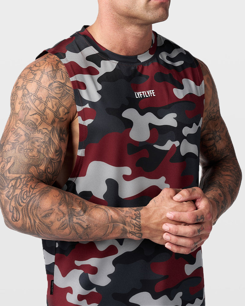 Red camo men's sleeveless tank top with a white lyftlyfe logo in the center chest.