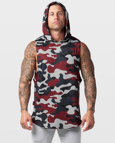 Men's sleeveless hoodie with red camo pattern.