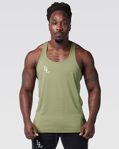 Mens gym stringer in green with a white minimal logo.
