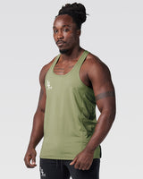 Left Side angle of men's gym stringer in green showing mesh panel.