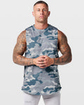Men’s grey camo sleeveless gym tank featuring moisture-wicking tri-blend fabric and a widened neckline.