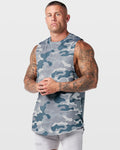 Left side view of Limitless Men’s Cut Sleeve in grey camo, showing wide arm opening and split bottom hem for mobility.