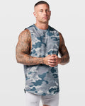 Right side view of Limitless Men’s Cut Sleeve in camo, showing wide arm opening and split bottom hem for mobility.