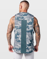 Limitless Men’s Cut Sleeve in grey camo, back view showcasing breathable mesh panel and loose fit.