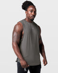 Grey athletic tank for men, shown from the right side with breathable construction and performance fabric.