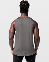 Limitless performance tank for men in grey, back view showing stretch mesh panel and movement-focused design.