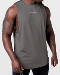 Detailed shot of center chest branding on Limitless grey gym tank for men.