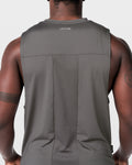 Detailed mesh panel view on back of grey sleeveless gym tank for breathability and sweat control.