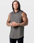 Performance sleeveless hoodie in grey, left side profile highlighting mesh detail and athletic fit.