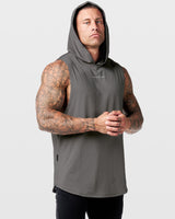 Performance sleeveless hoodie in grey, right side profile highlighting mesh detail and athletic fit.