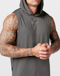 Detailed view of central chest branding on grey Limitless hooded tank top.