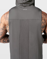 Detailed rear mesh insert on solid grey hooded gym tank for sweat-wicking airflow.